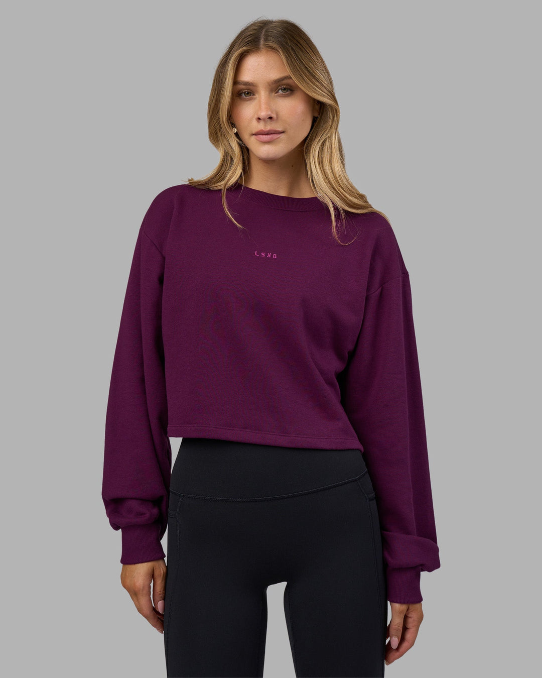 Woman wearing Breeze Open Back Sweater - Plum Caspia-Plum Caspia | Model:Leilani | Size:XS