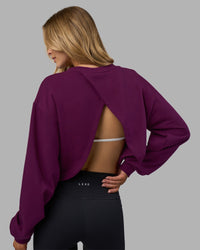 Woman wearing Breeze Open Back Sweater - Plum Caspia-Plum Caspia | Model:Leilani | Size:XS