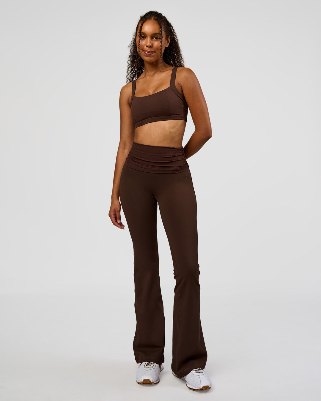 Woman wearing CF Move Through It Sports Bra - Hot Chocolate | Model:Jordan | Size:XS