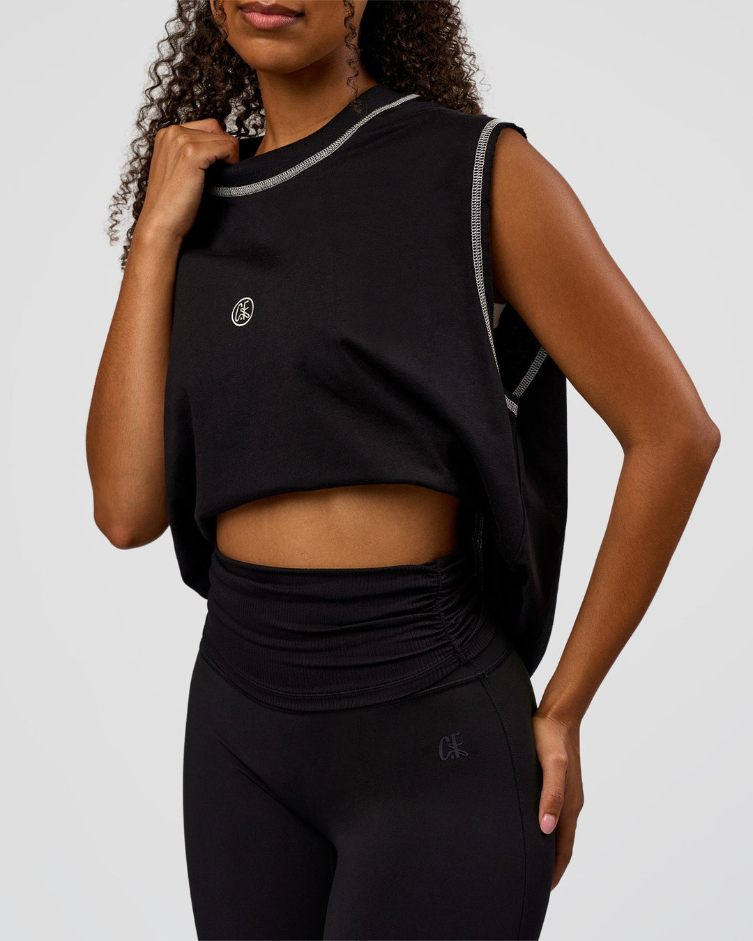 Woman wearing CF Unisex Oversized Heavyweight Boxed Tank - Black-CF X LSKD Sport | Model:Jordan | Size:XS
