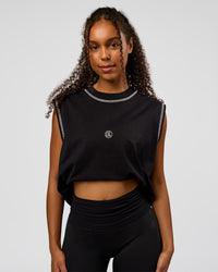 Woman wearing CF Unisex Oversized Heavyweight Boxed Tank - Black-CF X LSKD Sport | Model:Jordan | Size:XS