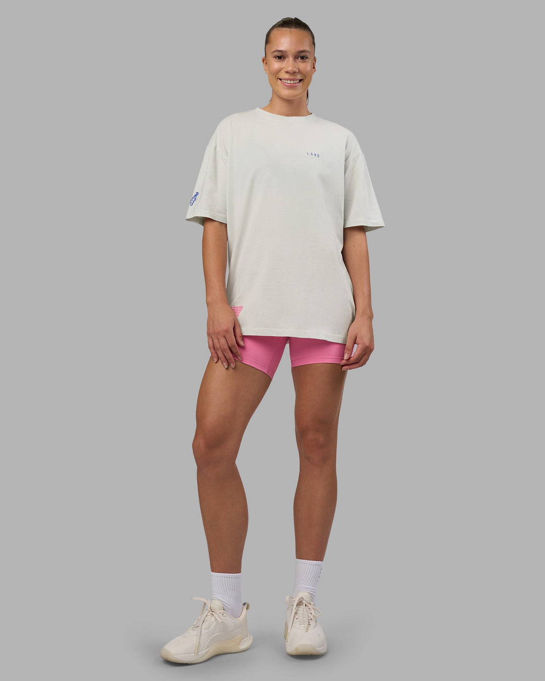 Woman wearing Cali FLXCotton Oversized Tee - Digital Mist Washed | Model:Charlize | Size:XS