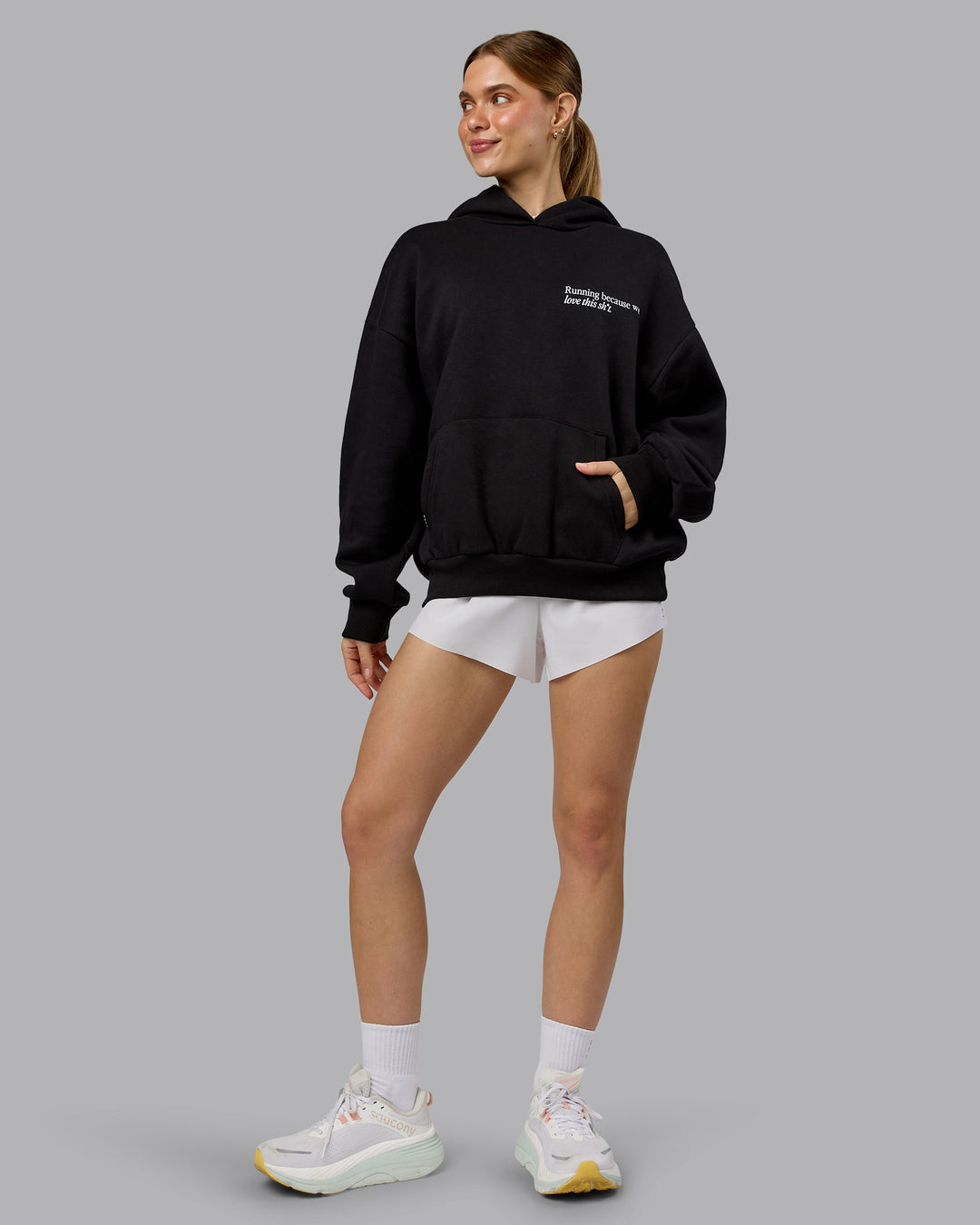 Woman wearing Checklist Oversized Hoodie - Black | Model:Emilie | Size:XS