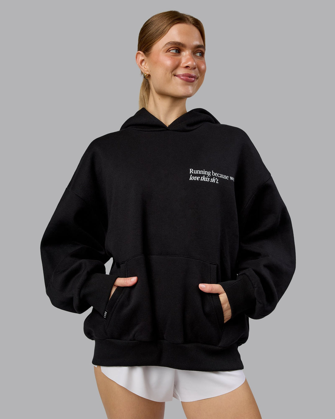 Woman wearing Checklist Oversized Hoodie - Black | Model:Emilie | Size:XS