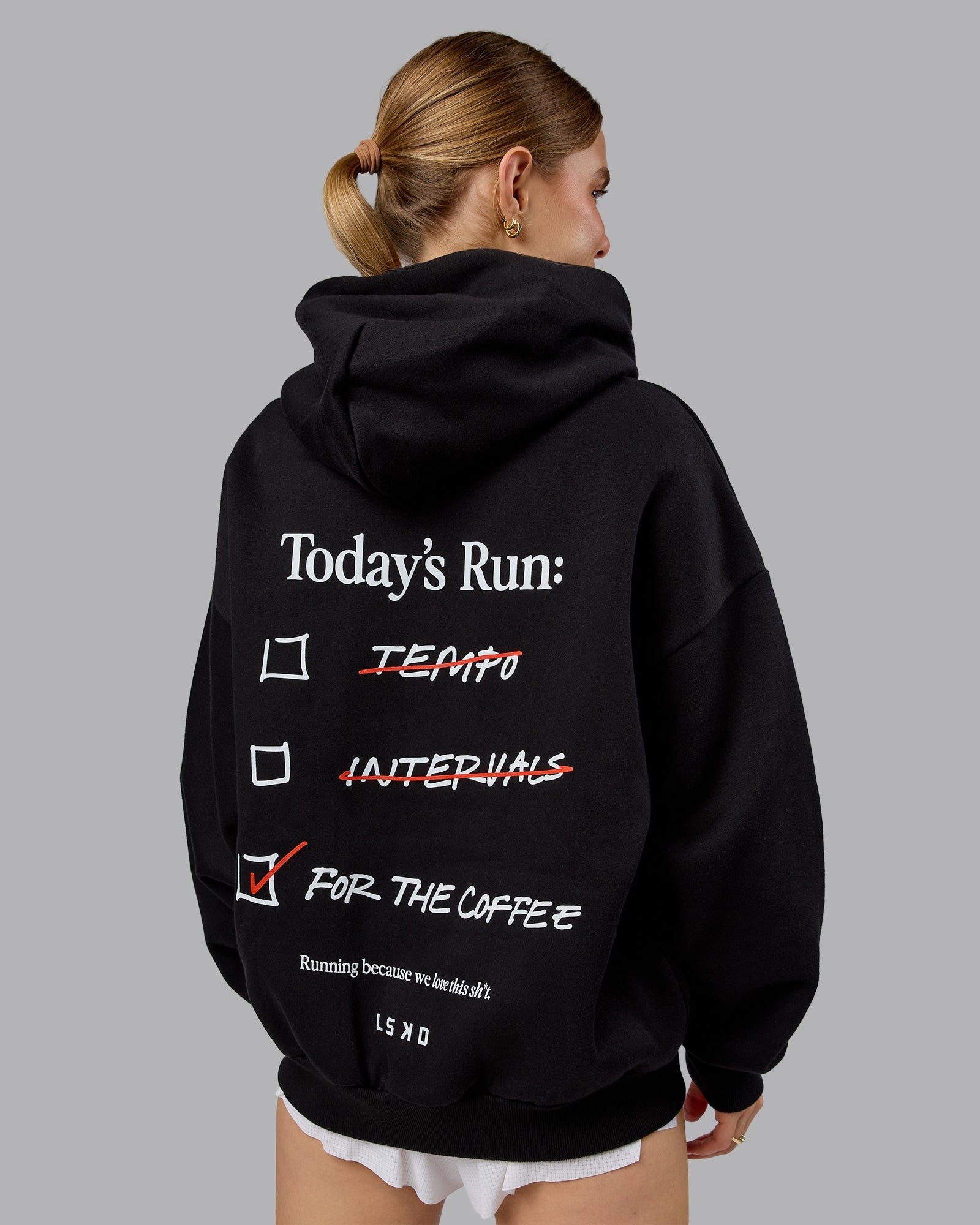 Woman wearing Checklist Oversized Hoodie - Black | Model:Emilie | Size:XS