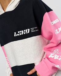 Woman wearing Deconstructed Fleece Hoodie - Caviar-Candy Pink-Grey Marl | Model:Leilani | Size:XS