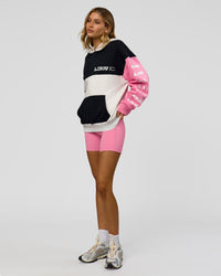 Woman wearing Deconstructed Fleece Hoodie - Caviar-Candy Pink-Grey Marl | Model:Leilani | Size:XS