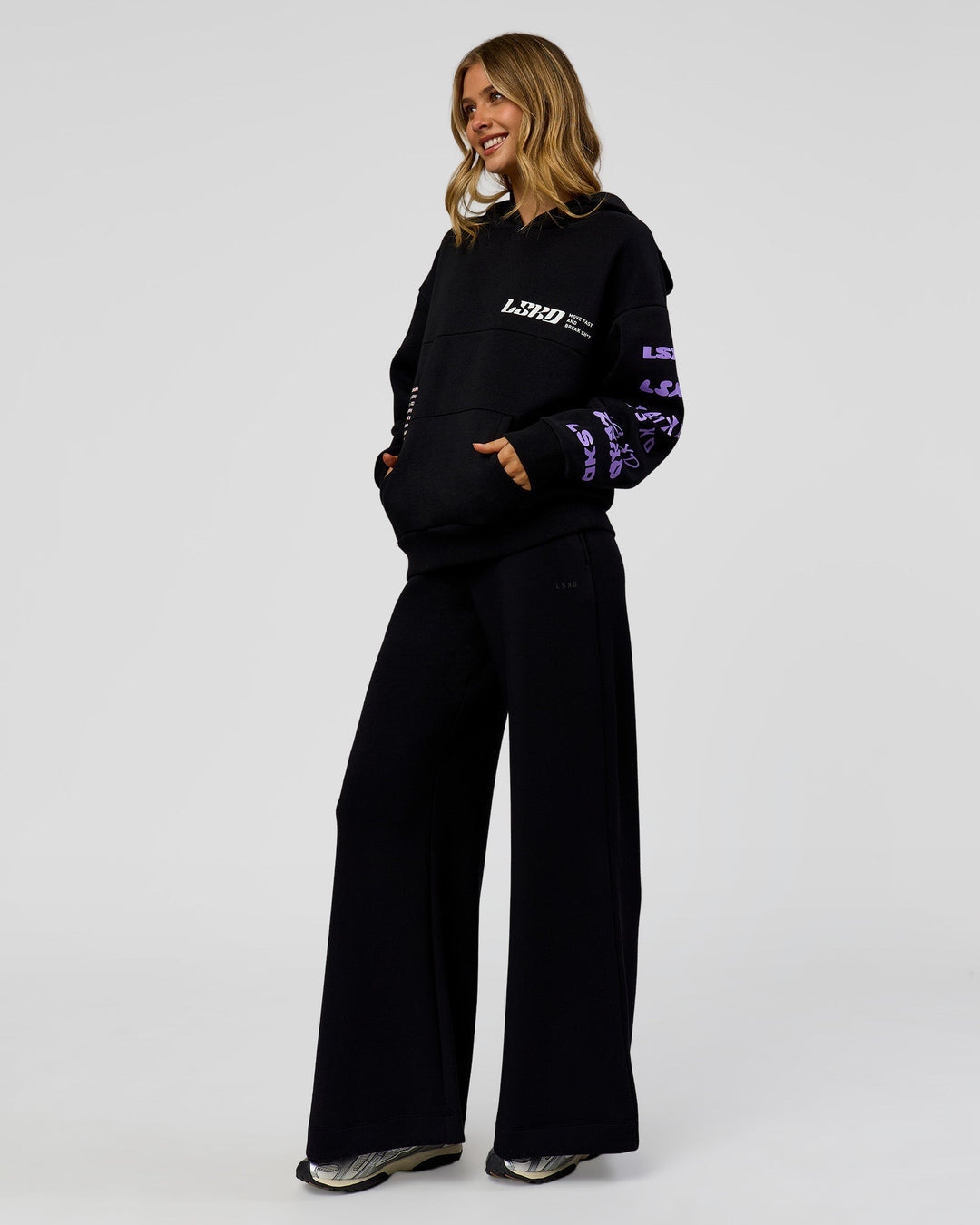 Woman wearing Deconstructed Fleece Hoodie - Caviar-Marshmallow-Pale Lilac | Model:Leilani | Size:XS