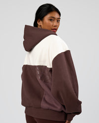 Woman wearing Deconstructed Fleece Hoodie - Off White-Cocoa Powder-Choc | Model:Loren | Size:XS