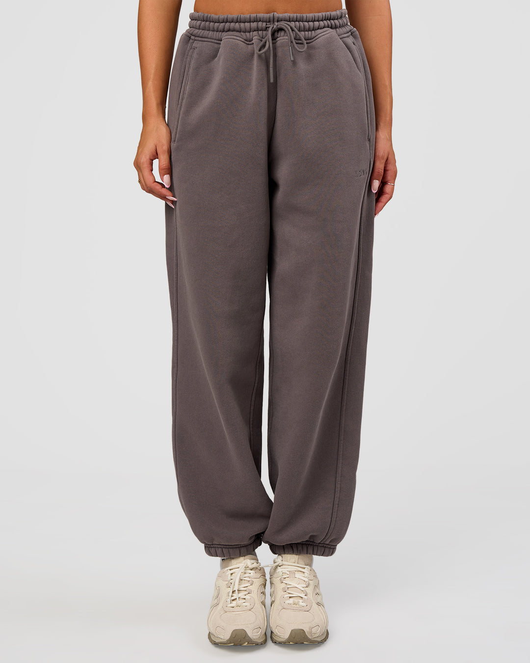 Woman wearing Distort Oversized Slouchy Fit Track Pant - Duskstone Washed | Model:Bianca | Size:XS