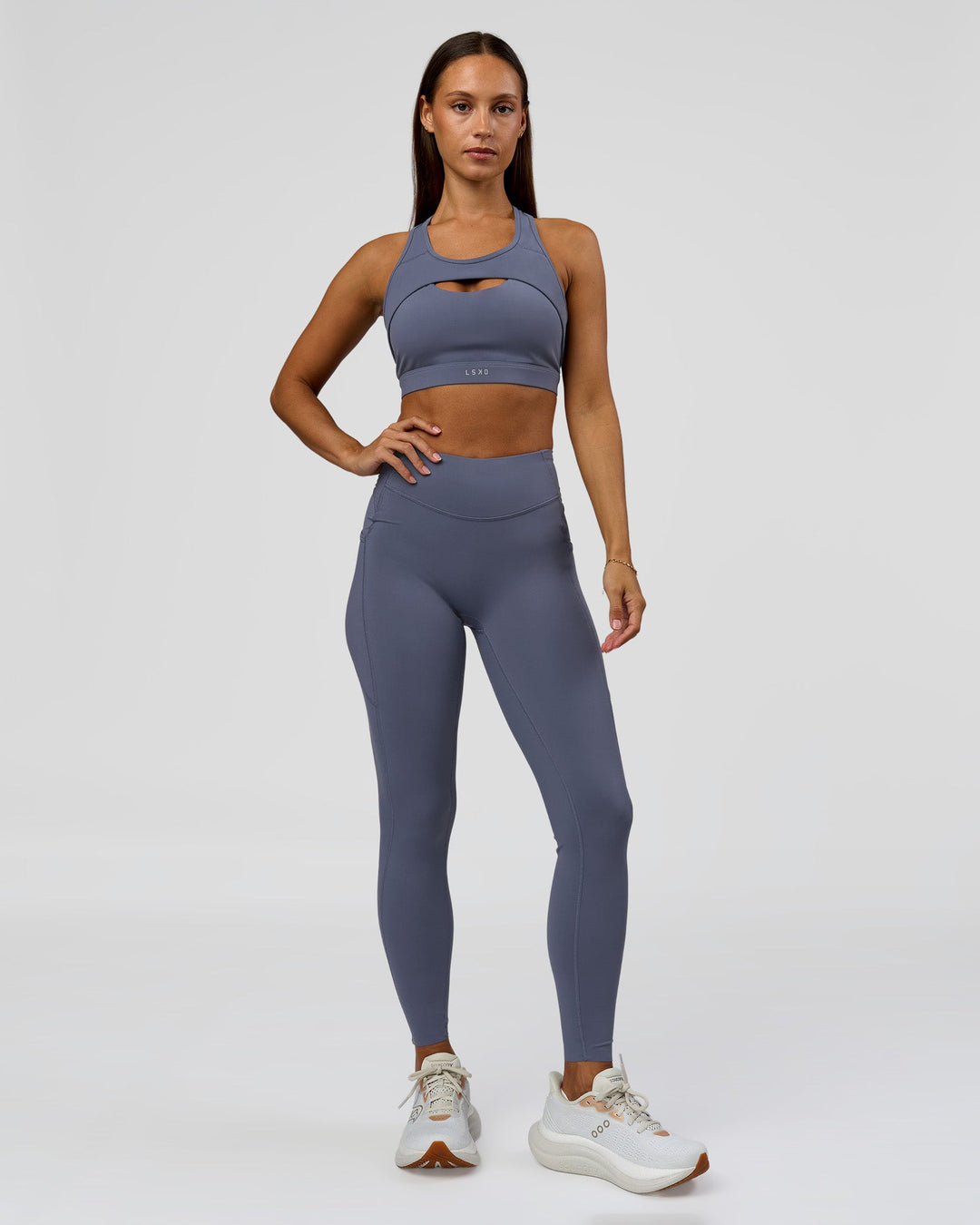 Woman wearing Elite Run High-Rise Full Length Legging Pockets - Night Shadow | Model:Brylee | Size:XS - view 5