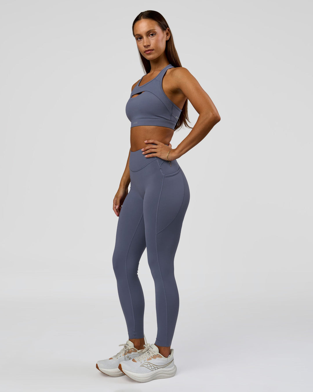 Woman wearing Elite Run High-Rise Full Length Legging Pockets - Night Shadow | Model:Brylee | Size:XS - view 6