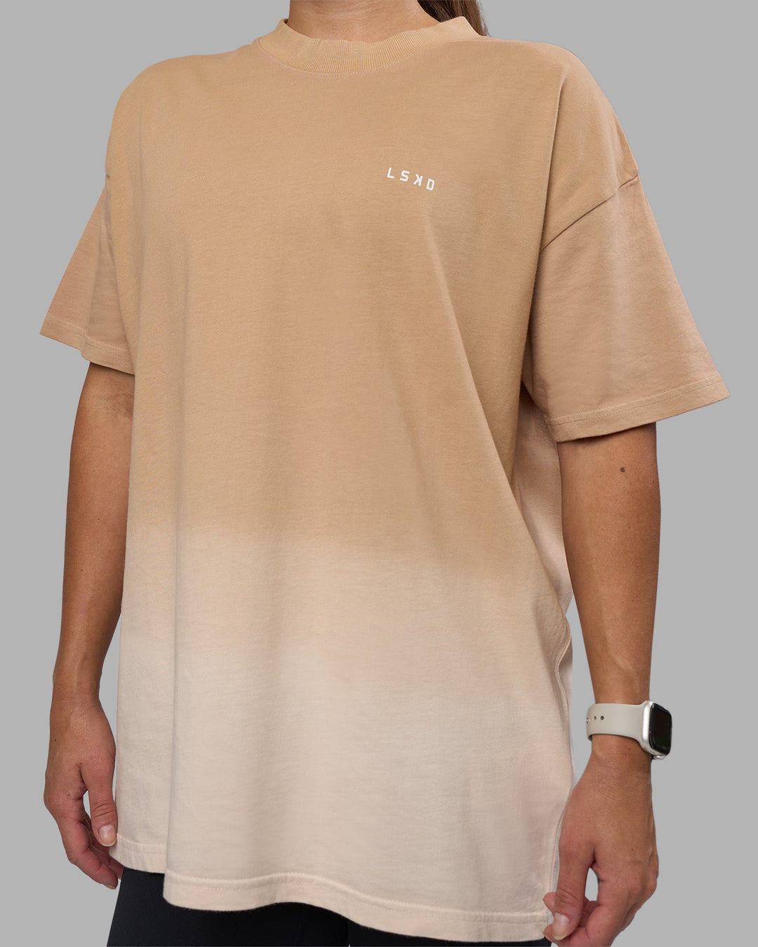 Woman wearing Faded Heavyweight Oversized Tee - Warm Smoke-White | Model:Hannah | Size:XS