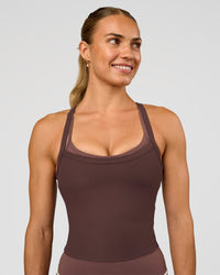 Woman wearing Flame Ribbed Tank - Cocoa Powder | Model:Maja | Size:XS