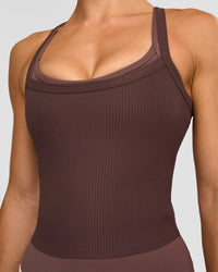 Woman wearing Flame Ribbed Tank - Cocoa Powder | Model:Maja | Size:XS