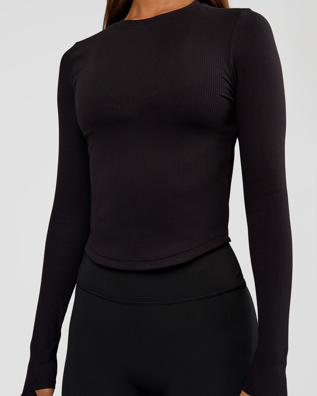 Woman wearing Flow Rib Long Sleeve Tee - Black | Model:Brylee | Size:XS