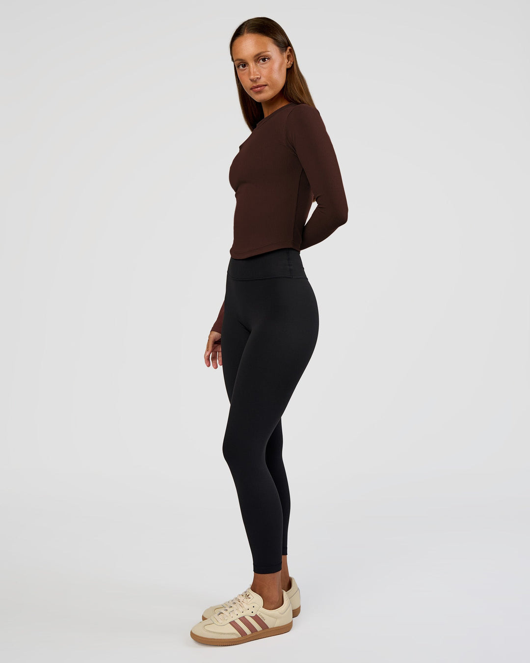 Woman wearing Flow Rib Long Sleeve Tee - Hot Chocolate | Model:Brylee | Size:XS