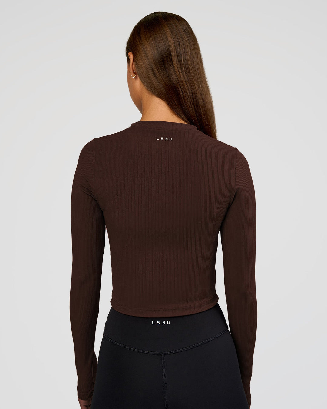 Woman wearing Flow Rib Long Sleeve Tee - Hot Chocolate | Model:Brylee | Size:XS