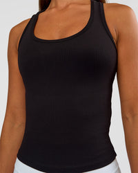 Woman wearing Flow Rib Scoop Neck Tank - Black | Model:Brylee | Size:XS | Thumbnail Index: 3