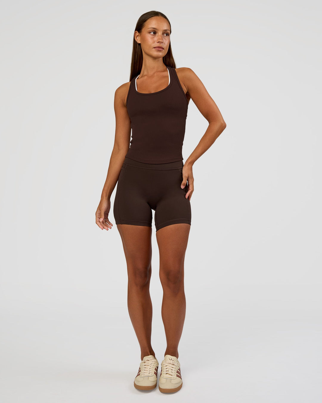 Woman wearing Flow Rib Scoop Neck Tank - Hot Chocolate | Model:Brylee | Size:XS - view 2