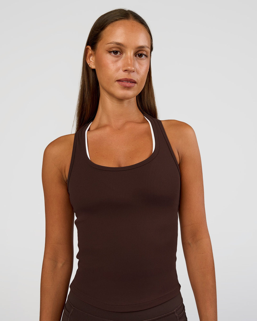 Woman wearing Flow Rib Scoop Neck Tank - Hot Chocolate | Model:Brylee | Size:XS