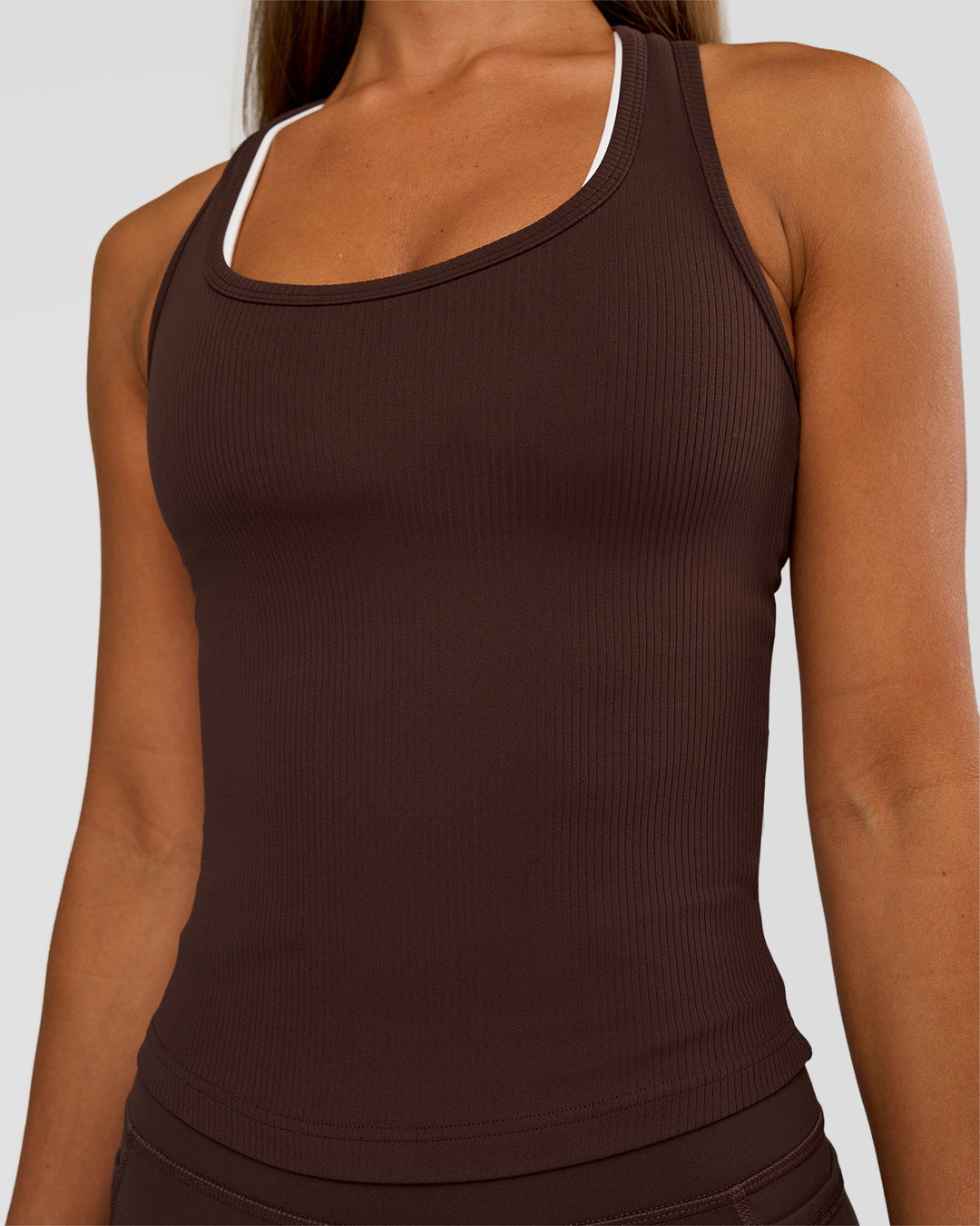 Woman wearing Flow Rib Scoop Neck Tank - Hot Chocolate | Model:Brylee | Size:XS