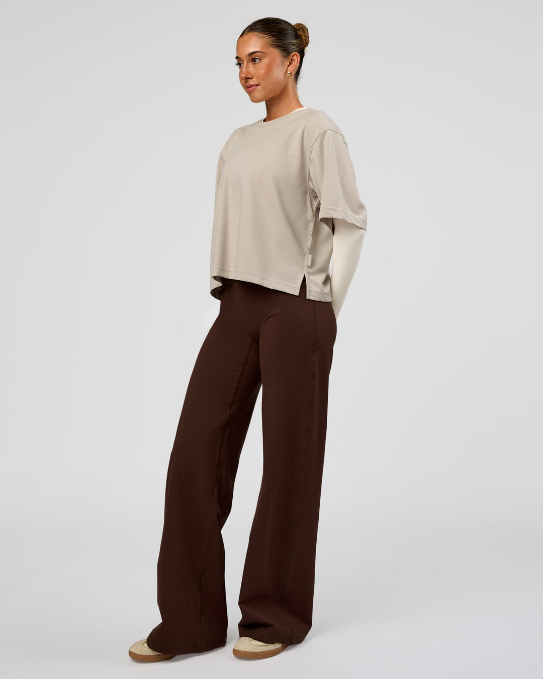 Woman wearing Fusion V-Contour High-Rise Pant - Hot Chocolate | Model:Charli | Size:XS