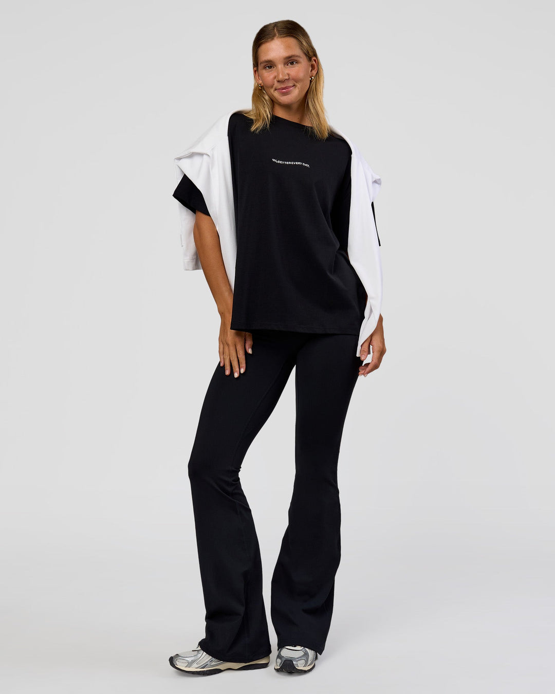Woman wearing Go-To 1% Better Every Day FLXCotton Oversized Tee - Black-White | Model:Amity | Size:XS - view 3