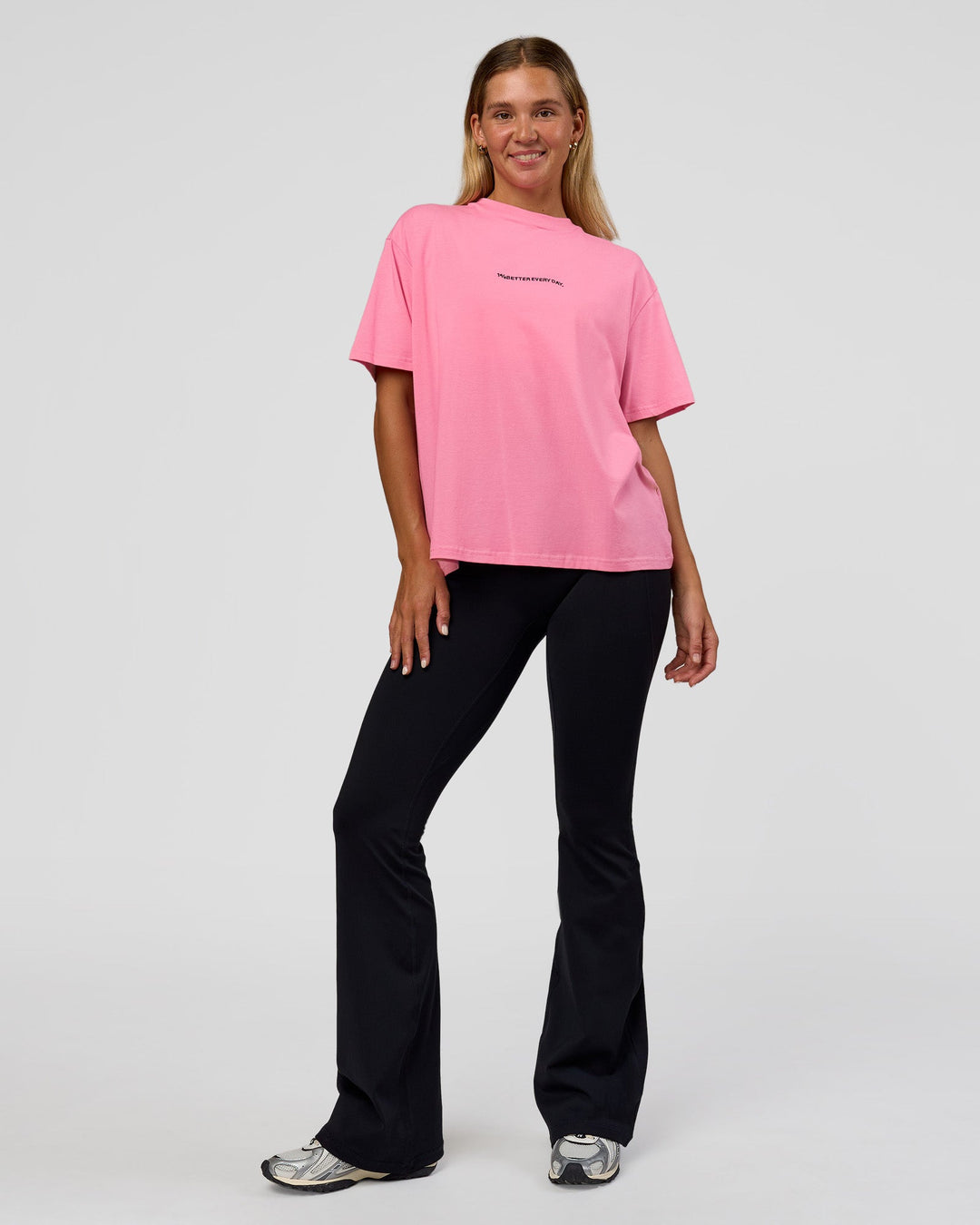 Woman wearing Go-To 1% Better Every Day FLXCotton Oversized Tee - Candy Pink-Black | Model:Amity | Size:XS - view 5