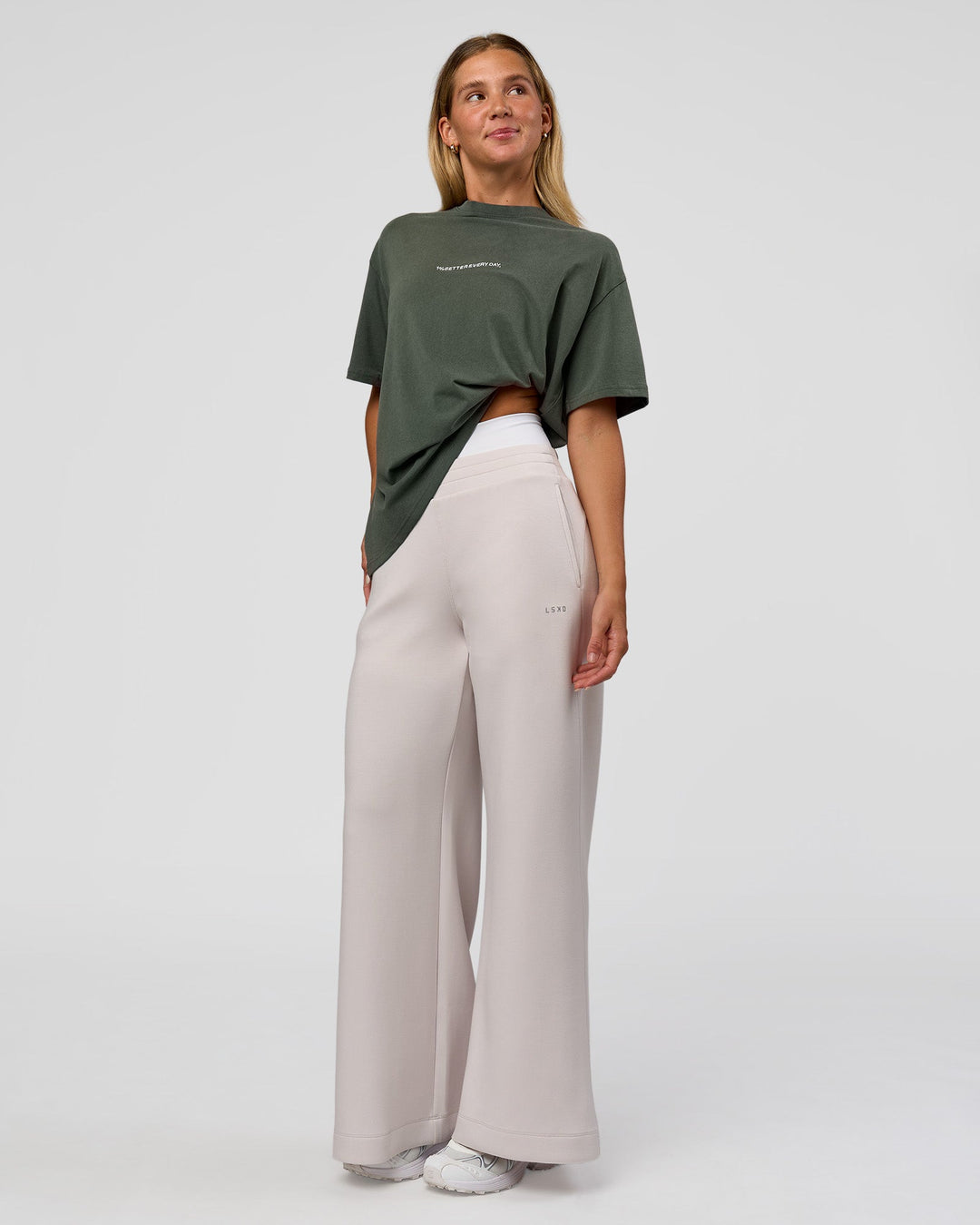 Woman wearing Go-To 1% Better Every Day FLXCotton Oversized Tee - Carbon Green Washed-White | Model:Amity | Size:XS - view 5