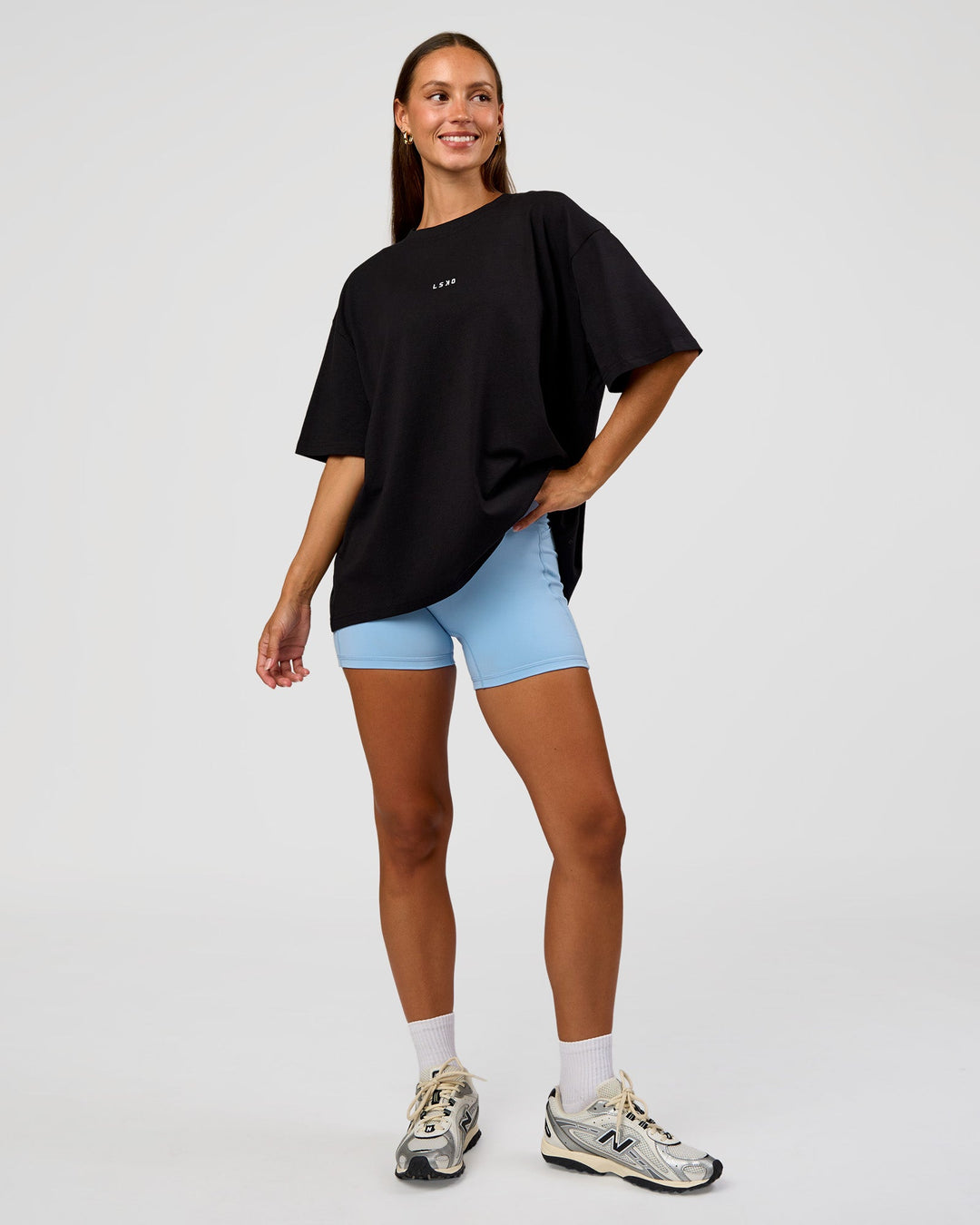 Woman wearing Go-To Break Through FLXCotton Oversized Tee - Black-Open Air | Model:Brylee | Size:XS - view 2