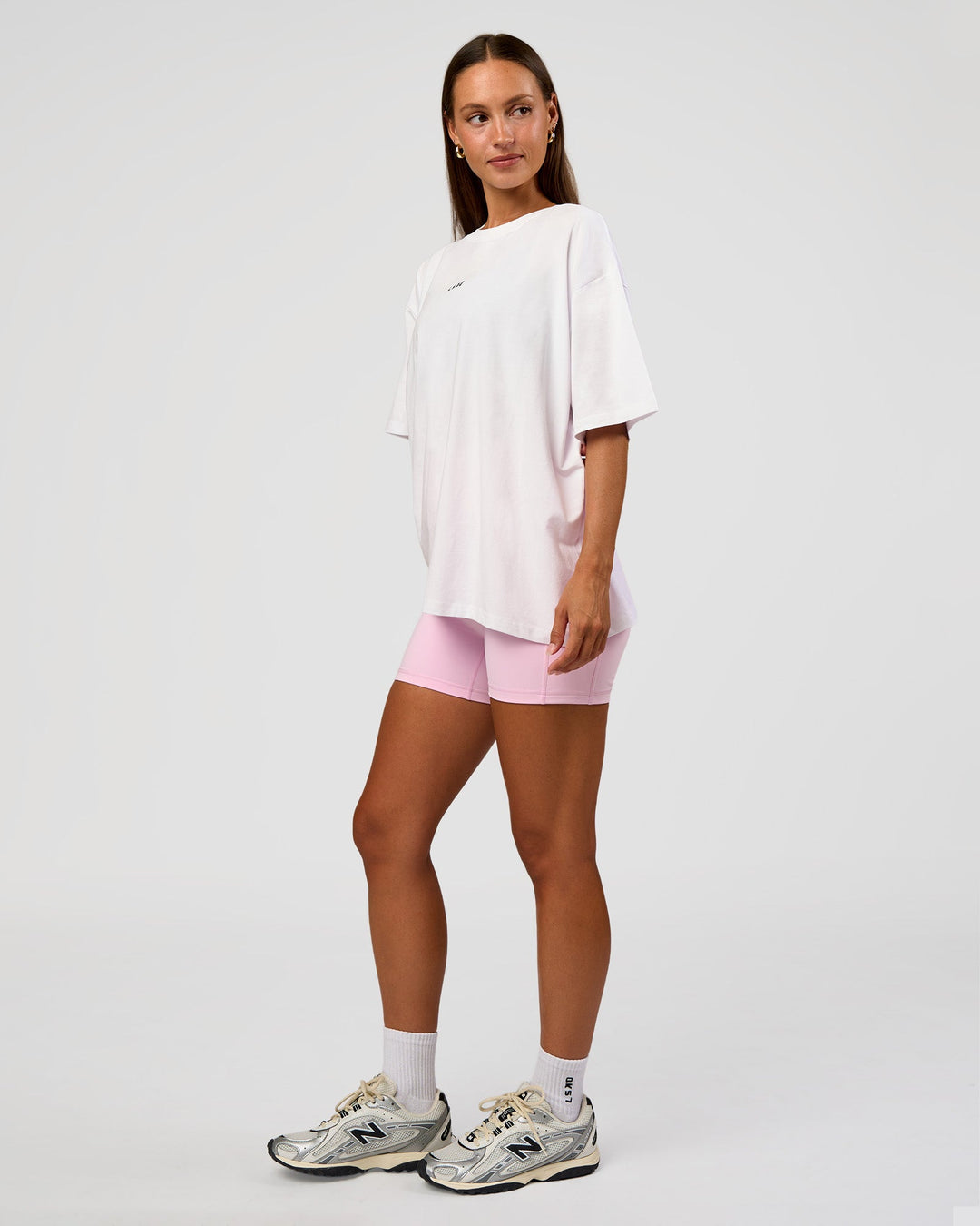 Woman wearing Go-To Break Through FLXCotton Oversized Tee - White-Marshmallow | Model:Brylee | Size:XS - view 5