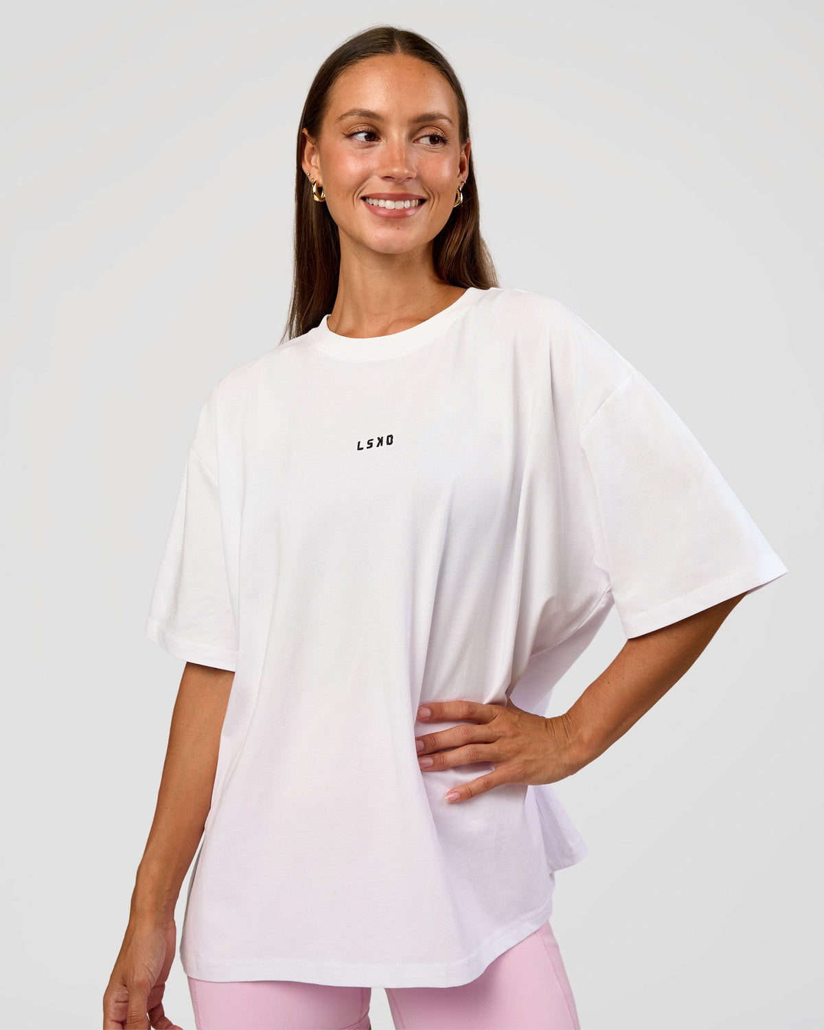 Woman wearing Go-To Break Through FLXCotton Oversized Tee - White-Marshmallow | Model:Brylee | Size:XS - view 2