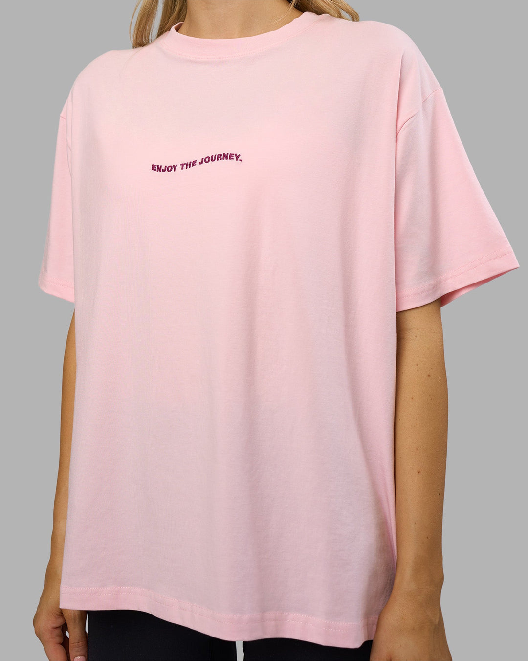 Woman wearing Go-To E.T.J FLXCotton Oversized Tee - Marshmallow-Plum Caspia | Model:Leilani | Size:XS