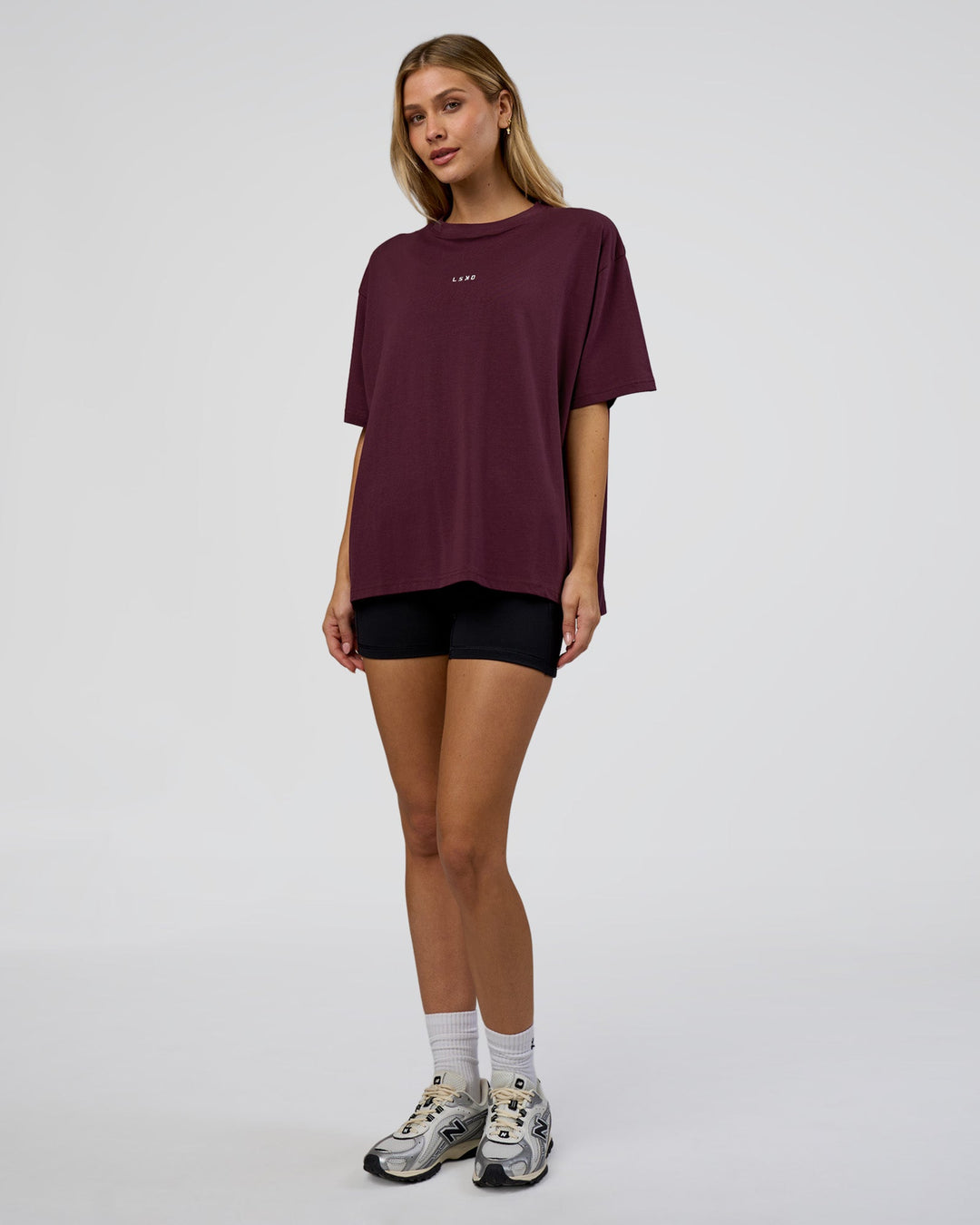 Woman wearing Go-To FLXCotton Oversized Tee - Cherry Lacquer-White | Model:Leilani | Size:XS - view 5