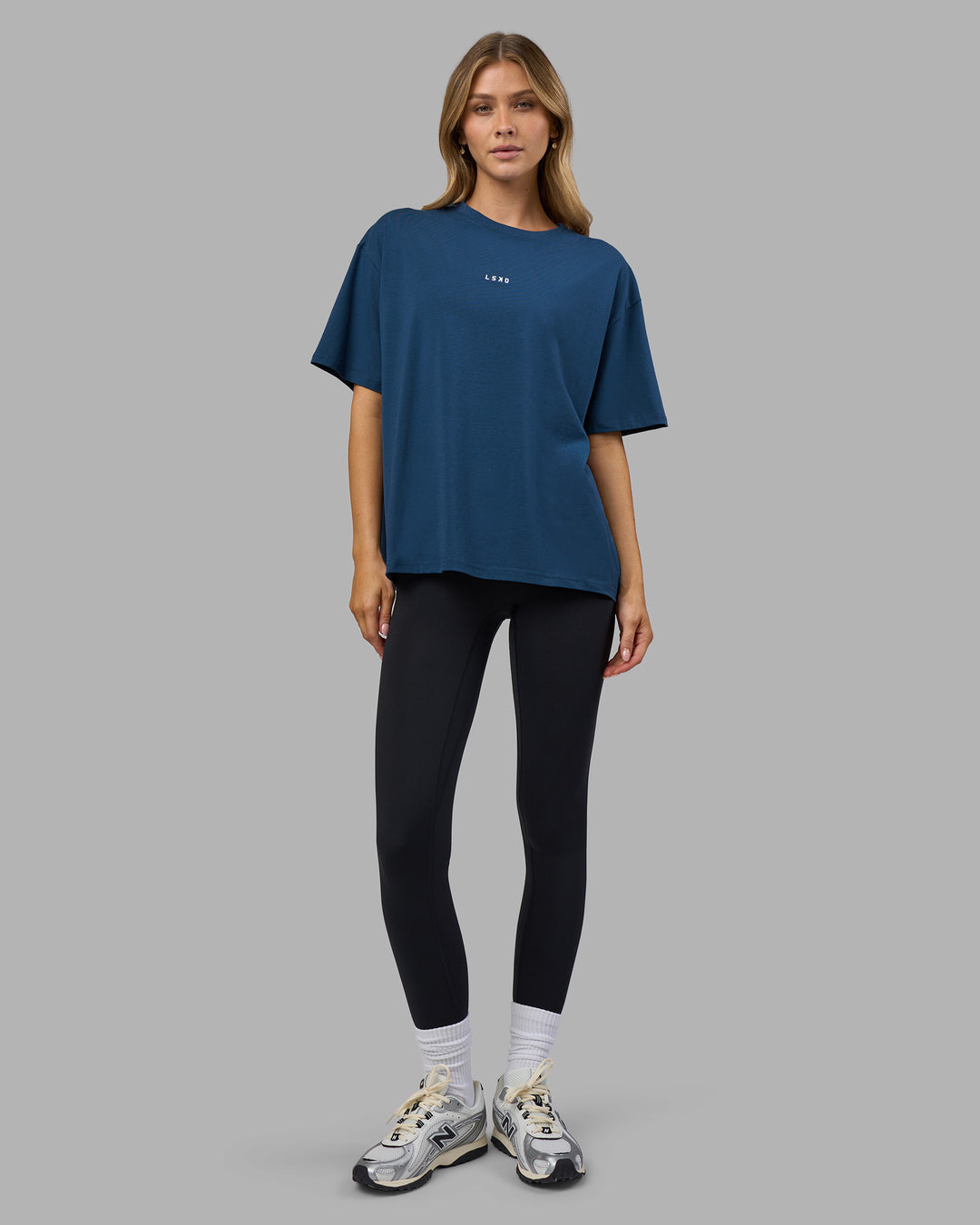 Woman wearing Go-To FLXCotton Oversized Tee - Indigo-White | Model:Leilani | Size:XS