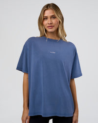 Woman wearing Go-To FLXCotton Oversized Tee - Midnight Blue Washed-White | Model:Leilani | Size:XS | Thumbnail Index: 0
