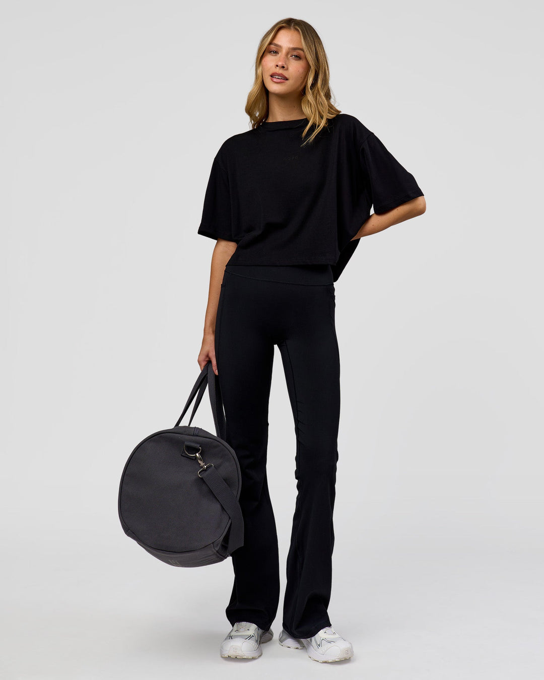 Woman wearing Go-To FLXCotton Skimmer Tee - Black-Black | Model:Leilani | Size:XS - view 4