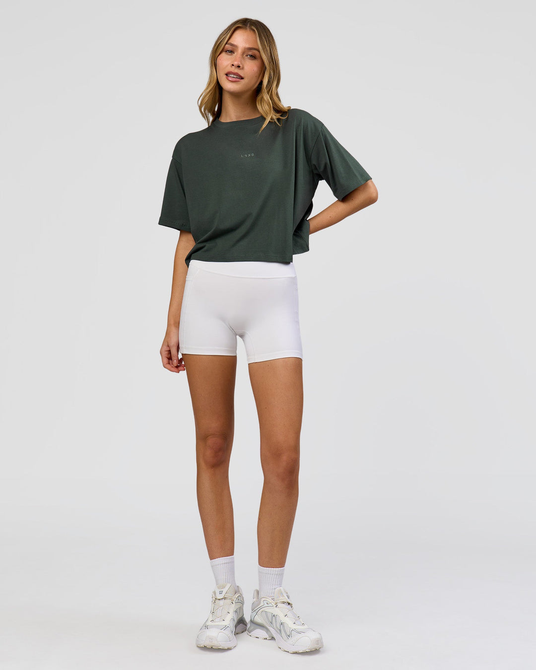 Woman wearing Go-To FLXCotton Skimmer Tee - Carbon Green-Carbon Green | Model:Leilani | Size:XS - view 5