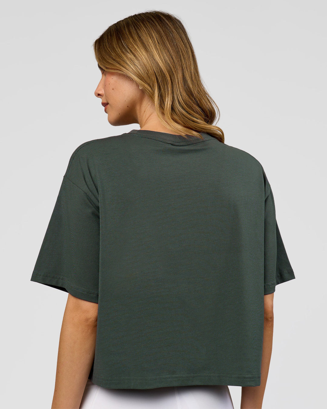 Woman wearing Go-To FLXCotton Skimmer Tee - Carbon Green-Carbon Green | Model:Leilani | Size:XS - view 3