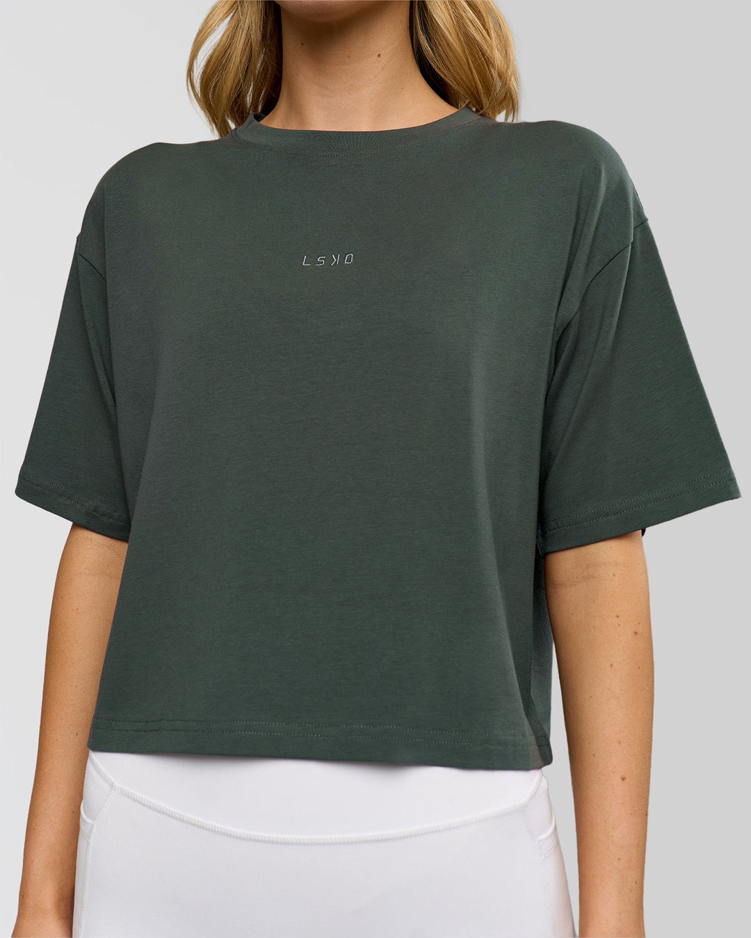 Woman wearing Go-To FLXCotton Skimmer Tee - Carbon Green-Carbon Green | Model:Leilani | Size:XS - view 4