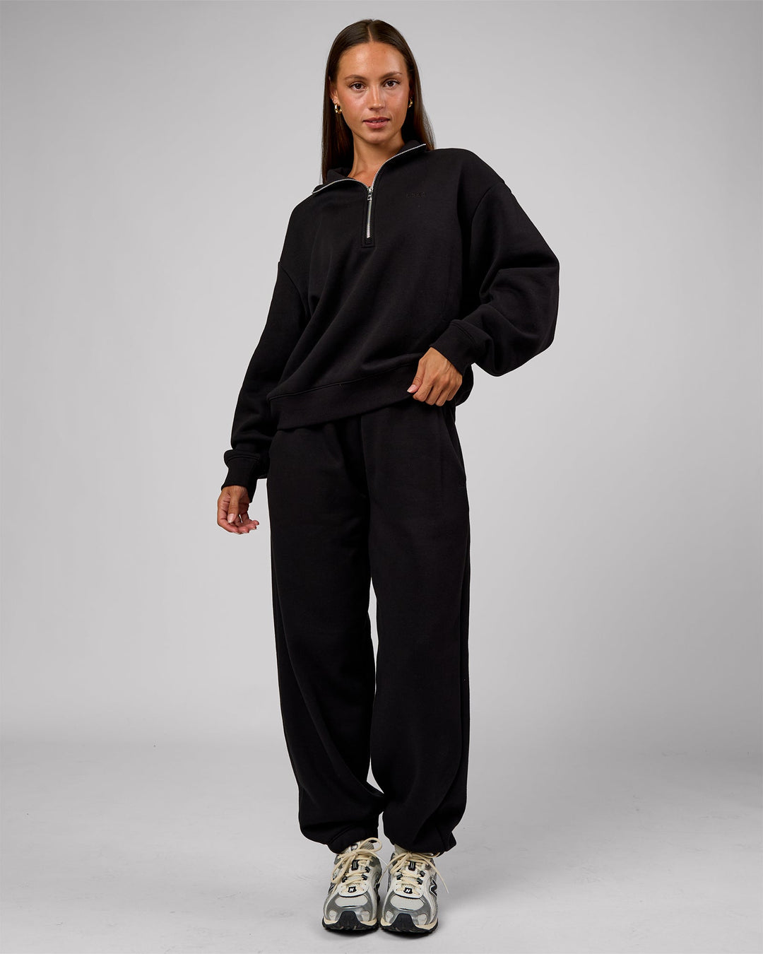 Woman wearing Go-To Oversized Quarter Zip Sweater - Black | Model:Brylee | Size:XS - view 7