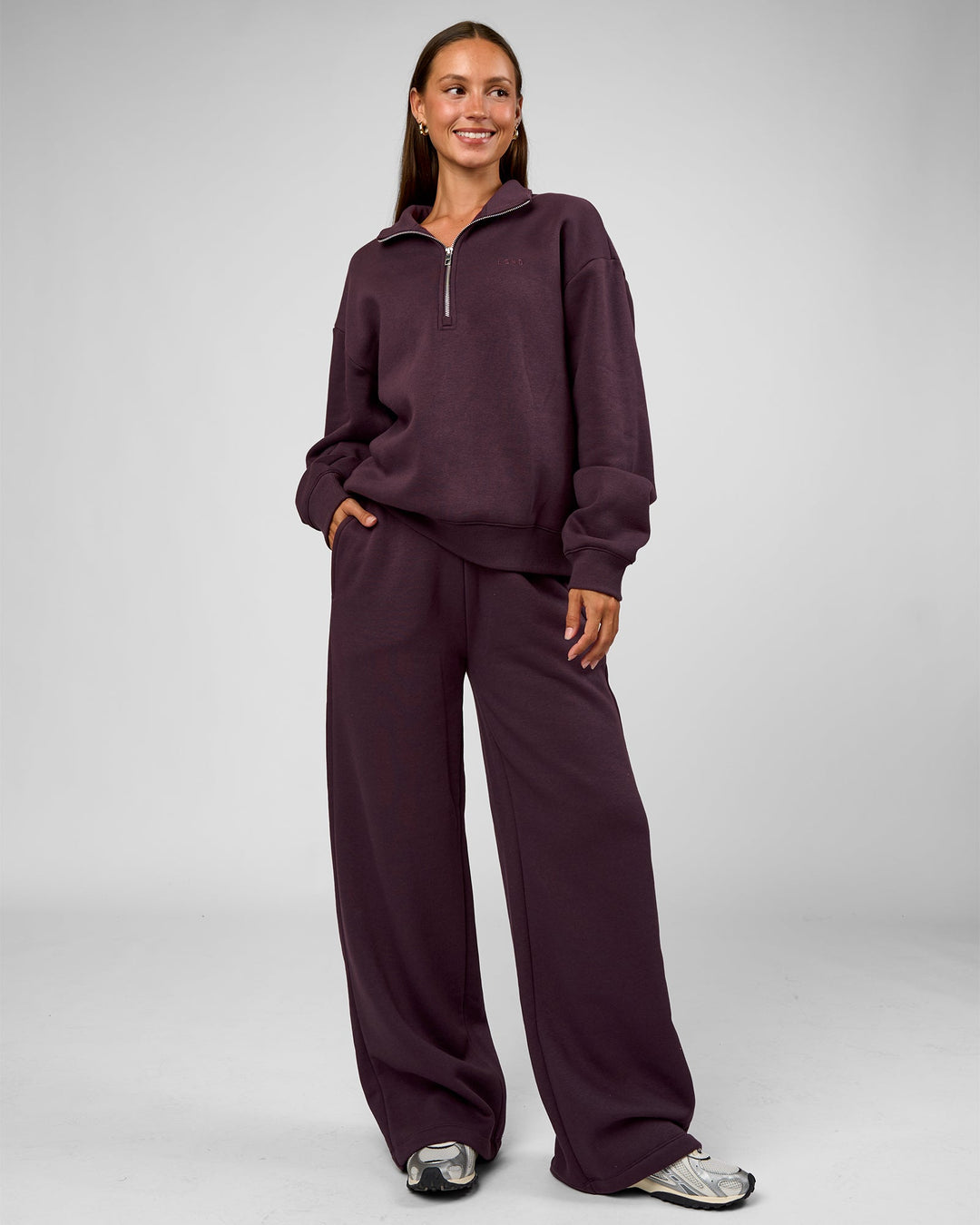 Woman wearing Go-To Oversized Quarter Zip Sweater - Midnight Plum | Model:Brylee | Size:XS - view 6
