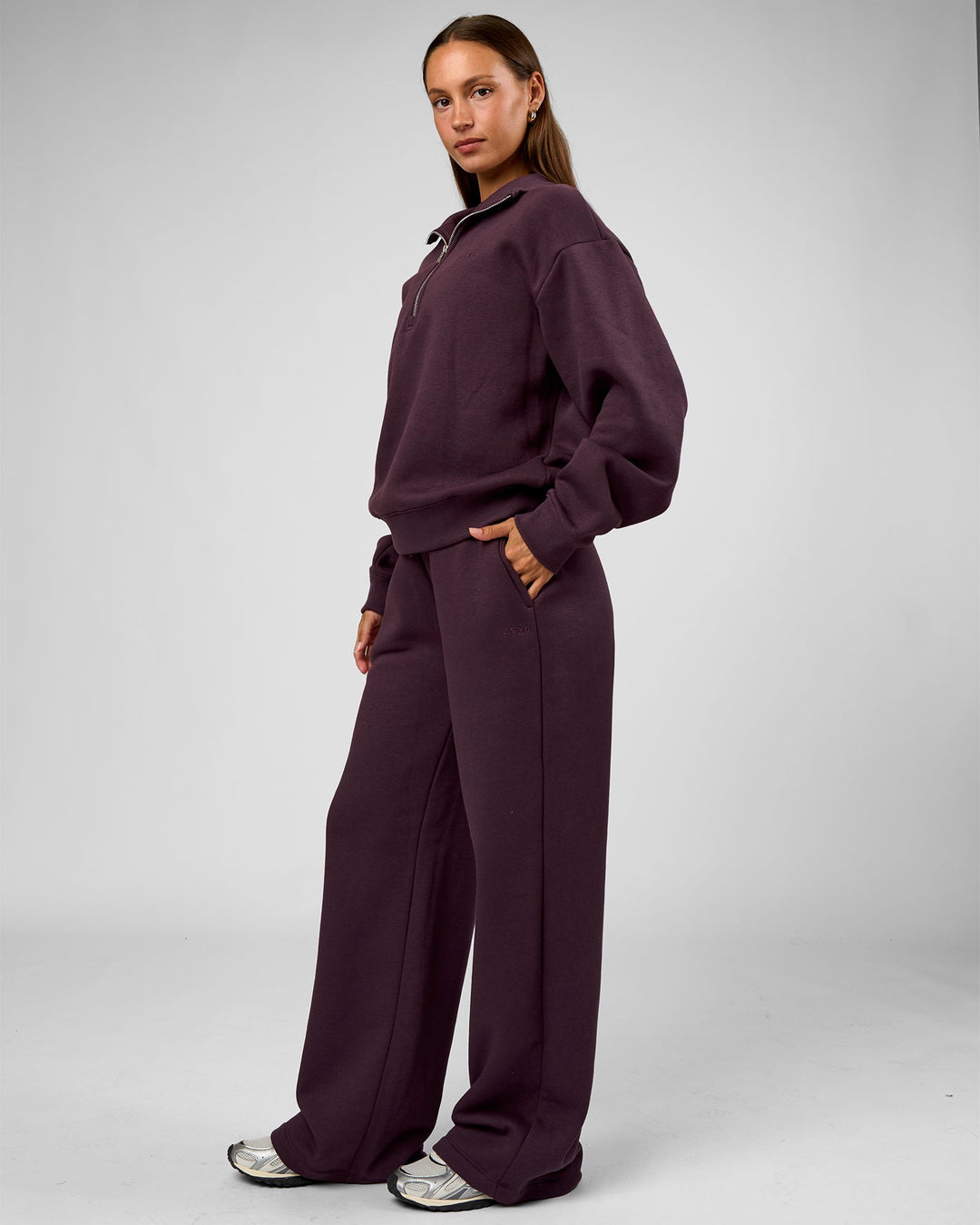 Woman wearing Go-To Oversized Quarter Zip Sweater - Midnight Plum | Model:Brylee | Size:XS - view 7