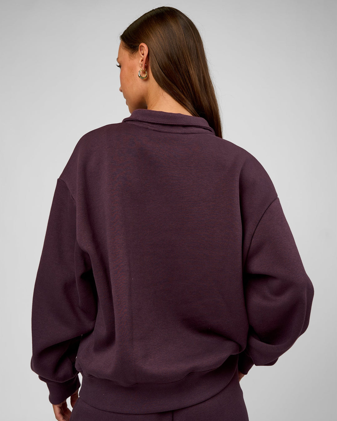 Woman wearing Go-To Oversized Quarter Zip Sweater - Midnight Plum | Model:Brylee | Size:XS - view 5
