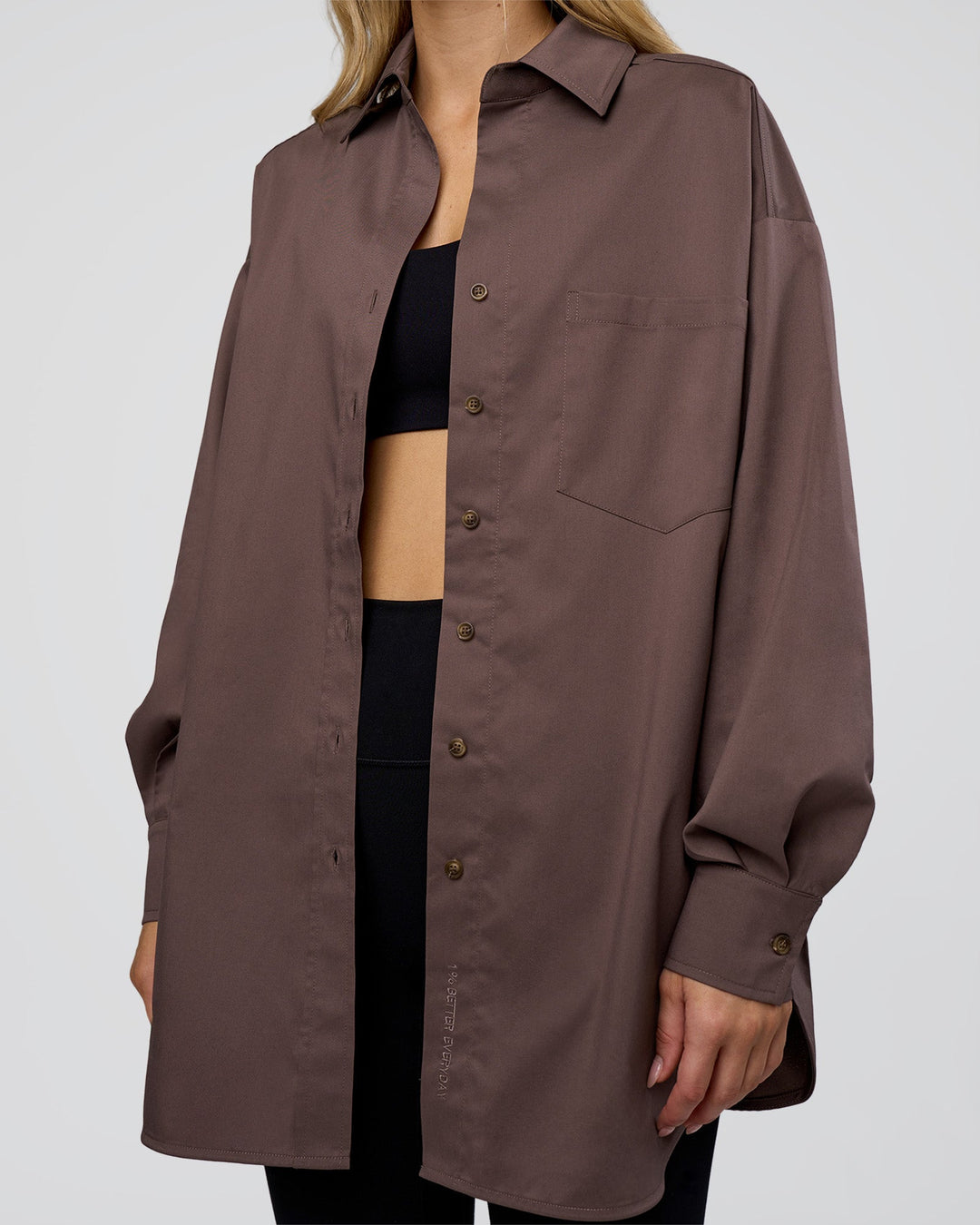 Woman wearing Go-To Oversized Shirt - Cocoa | Model:Leilani | Size:XS - view 9
