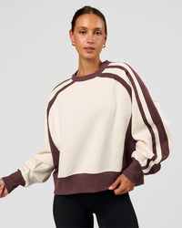 Woman wearing LSKD Fitness Club Oversized Sweater - Off White-Cocoa Powder | Model:Brylee | Size:XS