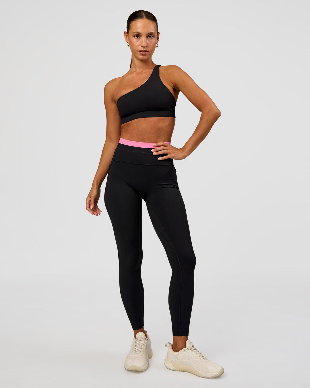Woman wearing Liberate High-Rise Full Length Legging Pockets - Black-Candy Pink | Model:Brylee | Size:XS