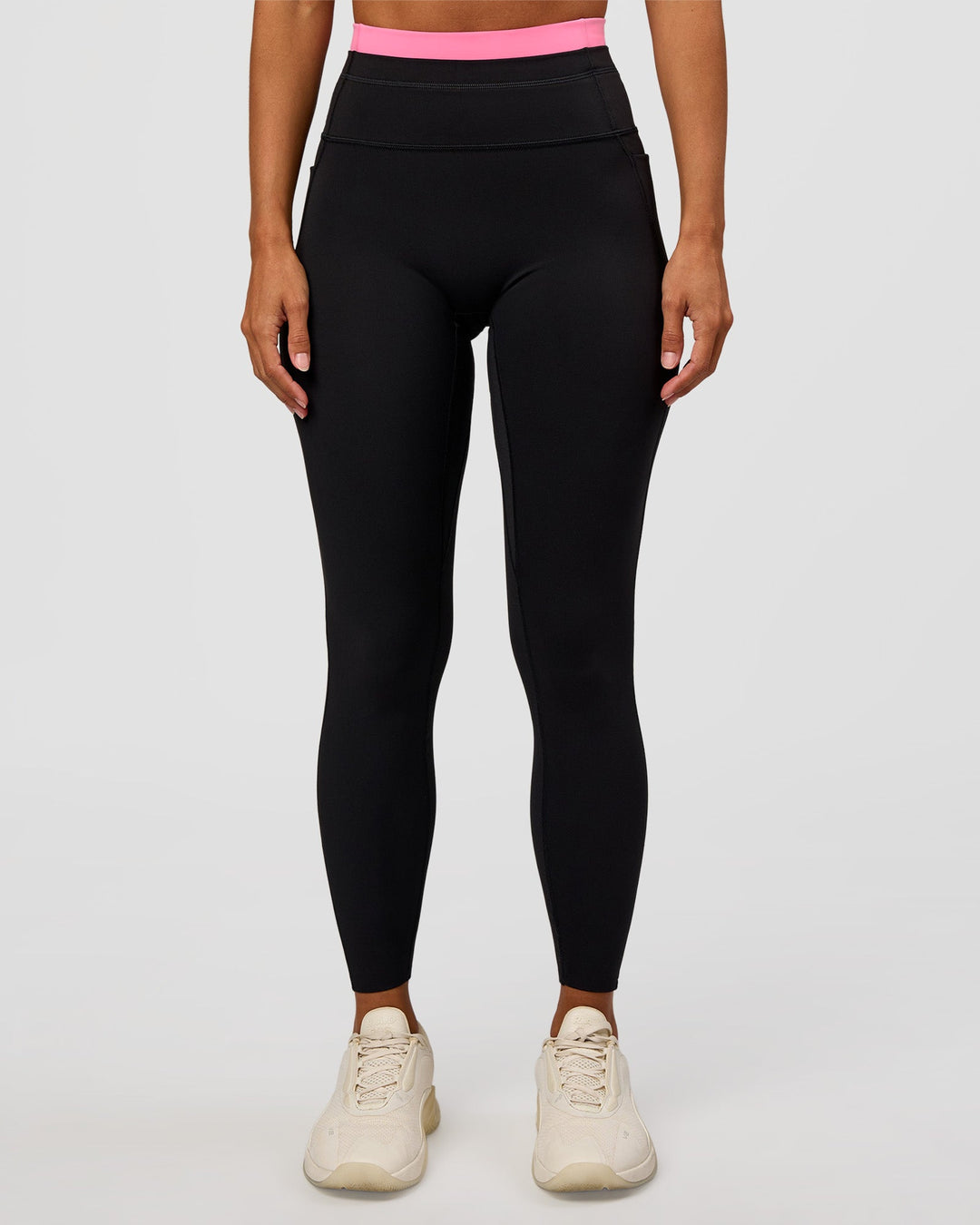 Woman wearing Liberate High-Rise Full Length Legging Pockets - Black-Candy Pink | Model:Brylee | Size:XS