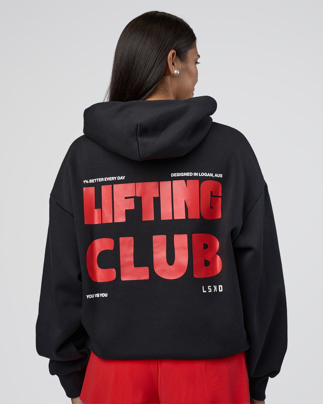 Woman wearing Lifting Unisex Oversized Hoodie - Black-Flame| Model:Rhiley | Size:XS